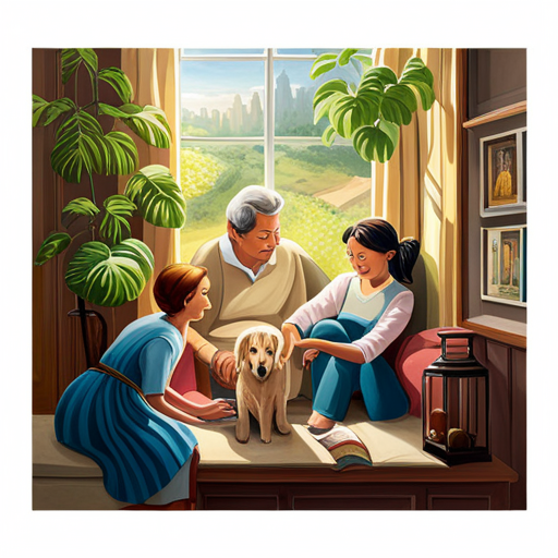 An image depicting a cozy living room with a smiling family, gently holding a hypoallergenic puppy, surrounded by vibrant plants