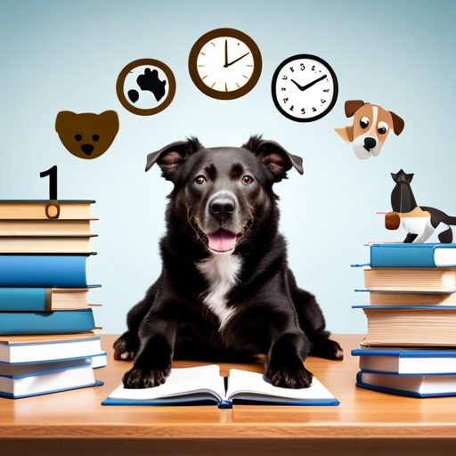 An image showcasing a person sitting at a desk with a laptop, surrounded by open books on various pet breeds, while a clock on the wall displays different time zones, symbolizing comprehensive research and timing considerations for adopting a baby's perfect pet