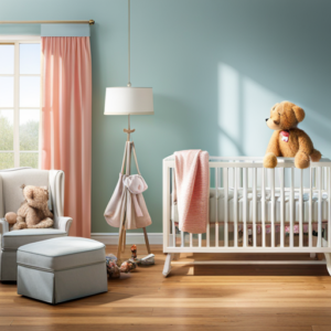 Warming image of a sunlit nursery room, with a crib adorned with stuffed animal toys, as a gentle hand reaches out to touch a tiny paw, capturing the perfect moment of a baby and a furry friend meeting for the first time