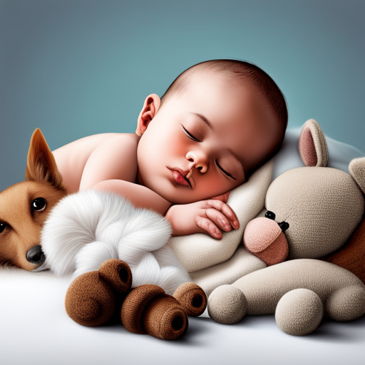 An image depicting a newborn baby peacefully sleeping, surrounded by stuffed animals and a calendar marked with different stages of infancy, symbolizing the importance of considering your baby's age when timing their pet adoption