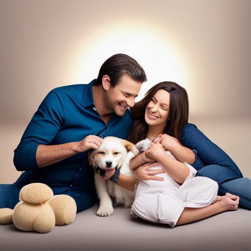 An image showcasing a smiling couple cuddling their newborn baby in one arm, while cradling a fluffy puppy in the other