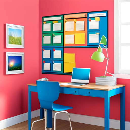 An image depicting a colorful bulletin board adorned with pictures, charts, and sticky notes, serving as a visual aid and reminder system