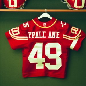 An image showcasing a vibrant, scarlet toddler-sized 49ers jersey, adorned with meticulously stitched golden accents