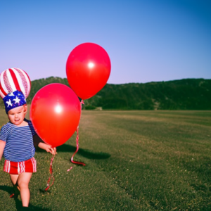 An image featuring a joyful toddler, donning a vibrant 4th of July outfit, complete with a star-spangled headband, a striped shirt, and a cute pair of denim shorts, while gleefully playing with red, white, and blue balloons against a scenic backdrop of fireworks