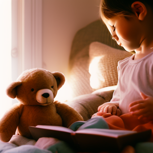 An image that depicts a cozy bedroom with soft lighting, showing a toddler peacefully engaged in wind-down activities like reading a book, cuddling with a stuffed animal, and listening to soothing music