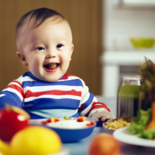 An image showcasing a joyful toddler sitting at a colorful, well-balanced meal, eagerly devouring a variety of fruits, veggies, and whole grains, surrounded by vibrant kitchen utensils and a glass of milk