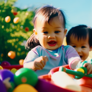 An image capturing a bustling playground where curious toddlers eagerly explore climbing structures, giggling as they slide down, while others engage in imaginative play, their tiny hands grasping colorful toys, their faces radiant with joy and wonder