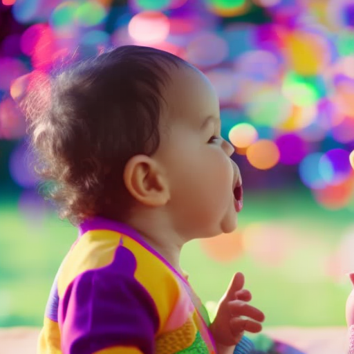 An image capturing a joyful toddler engrossed in conversation, babbling with expressive hand gestures, while a speech bubble filled with colorful words floats above, symbolizing the blossoming language skills during the transformative ages of 2-3