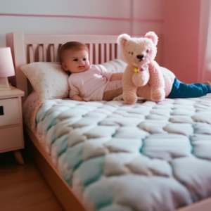 An image showcasing a cozy toddler mattress adorned with soft, pastel-colored bedding