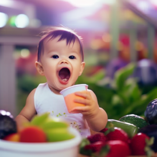 An image showcasing a joyful toddler happily sipping from a colorful, spill-proof cup filled with refreshing water, surrounded by vibrant fruits and vegetables, emphasizing the importance of staying hydrated for optimal toddler nutrition