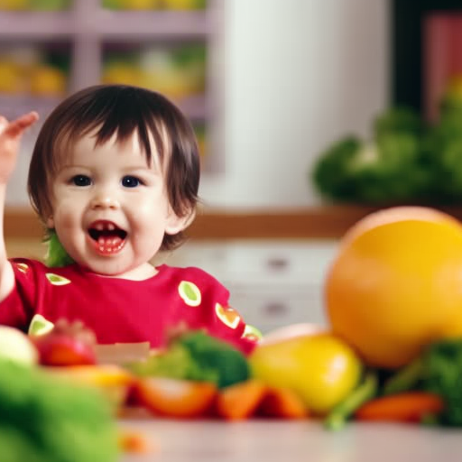 An image featuring a cheerful toddler sitting at a table, eagerly reaching for a colorful assortment of fruits and vegetables, including strawberries, broccoli, carrots, and oranges, inviting them to explore a diverse range of healthy food options