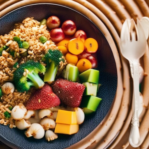 An image showcasing a vibrant plate filled with colorful fruits, vegetables, and whole grains, artfully arranged to entice toddlers to embrace nutritious eating habits