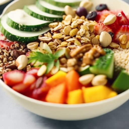 An image showcasing a vibrant plate filled with colorful fruits, vegetables, lean protein, and whole grains