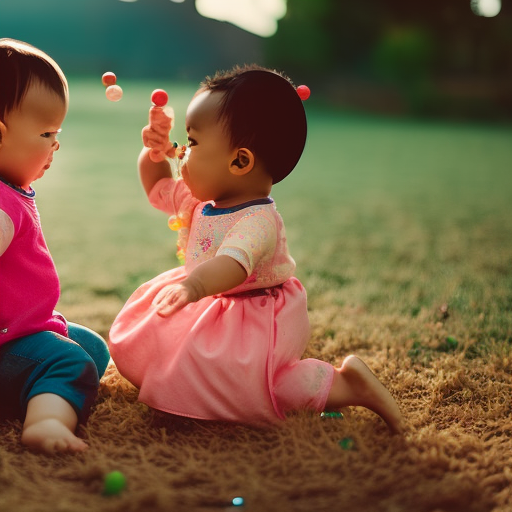 An image capturing two toddlers sitting side by side, joyfully passing a colorful toy back and forth, their hands extended towards each other, showcasing the pivotal moment of learning to share and take turns