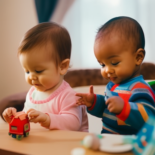An image of two toddlers sitting facing each other, smiling and making eye contact