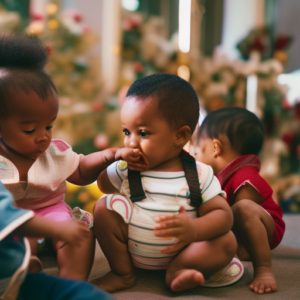 An image showcasing a diverse group of toddlers engaging in parallel play, sharing toys, taking turns, and displaying positive body language, fostering teamwork and empathy in their blossoming social skills