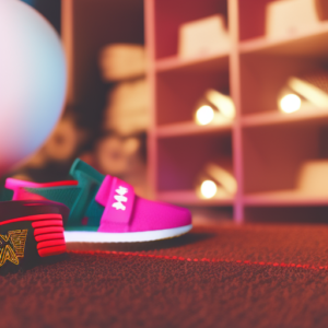 An image showcasing a pair of vibrant, toddler-sized Yeezy Slides