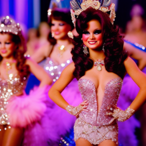 An image capturing the vibrant world of Toddlers and Tiaras cast members: a dazzling lineup of bejeweled tiaras, ruffled ball gowns adorned with sequins and feathers, and tiny feet teetering on stage in sparkling high heels