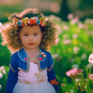 An image showcasing the adorable world of toddler hairstyles: a cherub-faced toddler with bouncy curls, adorned with colorful ribbons, sporting a playful braided crown, all against a vibrant backdrop of blooming flowers and fluttering butterflies