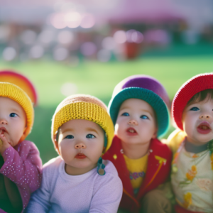 An image capturing the playful essence of toddlers wearing colorful hats – tiny heads adorned with whimsical beanies, vibrant sun hats, and cozy knit caps, brimming with joy and endless possibilities