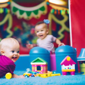 An image capturing the joy of toddlers in a vibrant playhouse, surrounded by colorful toys, soft foam mats, and a mini slide
