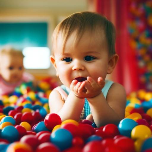 An image capturing the exuberant chaos of toddlers playing: a colorful sea of scattered toys, giggling children engaged in a game of hide-and-seek, chubby hands reaching for blocks, and a mischievous toddler peeking out from behind a curtain