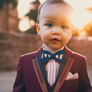 An image showcasing an adorable toddler wearing a dapper suit, complete with a miniature blazer, crisp button-down shirt, patterned bowtie, tailored pants, and shiny dress shoes, exuding charm and elegance