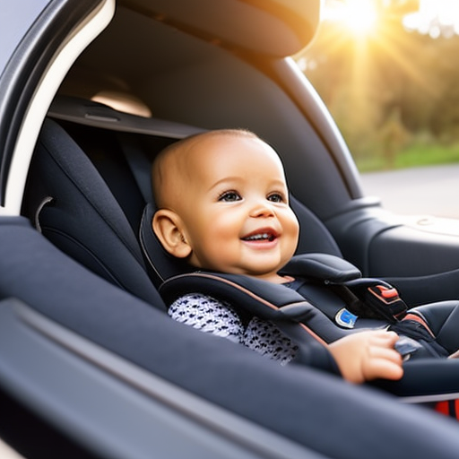 An image showcasing a sleek, black Graco Extend2Fit car seat installed securely in a spacious sedan, featuring a smiling toddler comfortably nestled in, surrounded by plush padding and adjustable headrest, ensuring optimum safety and comfort