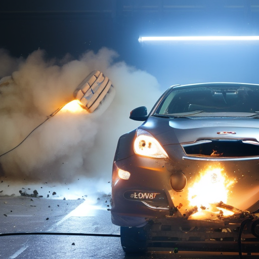 An image showcasing a realistic crash test scenario, capturing the moment of impact between a car and a car seat
