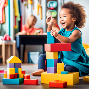 An image featuring a cheerful 1-year-old surrounded by a colorful assortment of toys: soft plush animals, vibrant stacking blocks, a musical activity center, and a cozy play mat