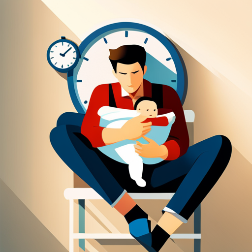 An image depicting a college student holding a clock in one hand while cradling a baby in the other