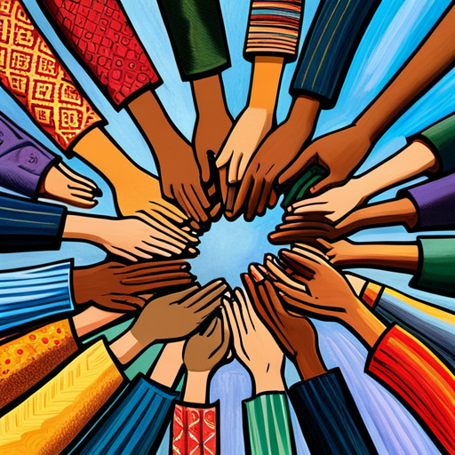 An image depicting a group of diverse individuals, arms linked, standing in a circle