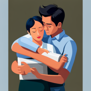 An image showcasing a young couple, embracing each other, while holding a newborn baby in their arms