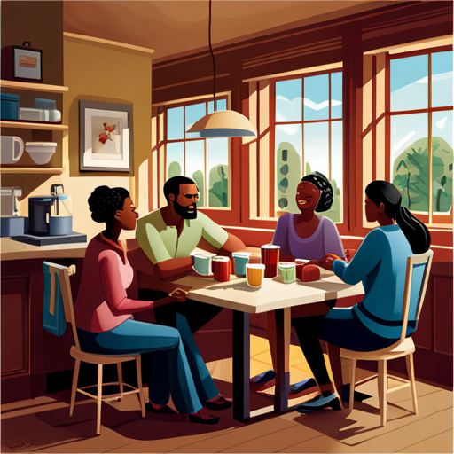 An image showcasing a diverse group of college parents gathered in a cozy, sunlit coffee shop, engaged in heartfelt conversations, sharing experiences, and offering support to one another, while their children play nearby