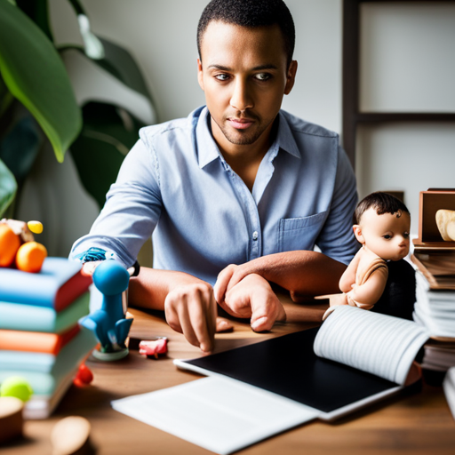 An image depicting a young parent sitting at a desk with a laptop and textbooks, surrounded by toys and a baby crib