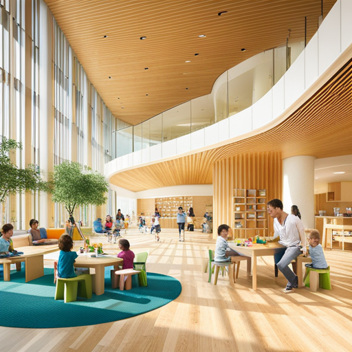 An image showcasing a serene on-campus childcare center bathed in soft natural light, with a diverse group of toddlers engaged in educational activities, while college parents study nearby, symbolizing the harmonious integration of academic pursuits and parenthood