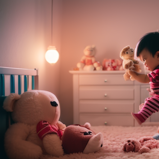 An image of a cozy bedroom scene with a parent gently tucking their toddler into a toddler bed, surrounded by soft toys and a dim nightlight, highlighting the importance of a calm and consistent bedtime routine