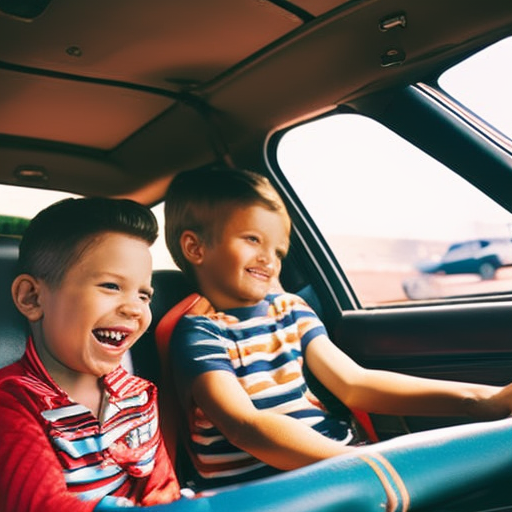 An image of a vibrant, bustling car interior where children laugh and engage in classic road trip games like "I Spy" and "20 Questions," with colorful maps, travel books, and a magnetic game board spread across the backseat