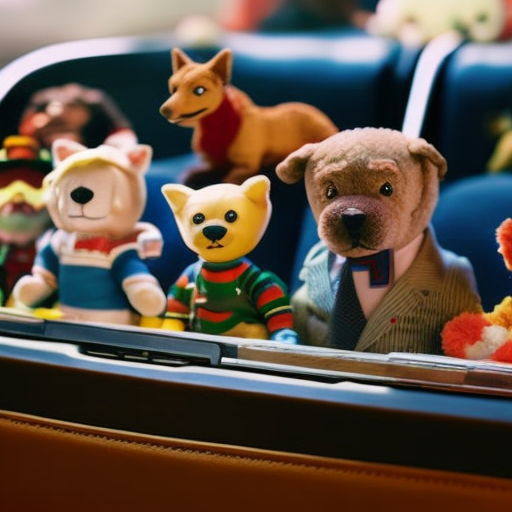 An image of a backseat filled with animated, brightly colored plush toys, travel-sized board games scattered on a folding tray table, and a tablet mounted on the headrest displaying a captivating children's movie