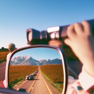 An image capturing the joy of a family road trip: A rear-view mirror reflecting beaming smiles as children's hands trace imaginary routes on a world map, surrounded by colorful travel essentials and a stuffed toy companion