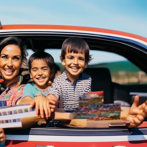 An image featuring a colorful map spread out on a car's dashboard, with a smiling family in the background