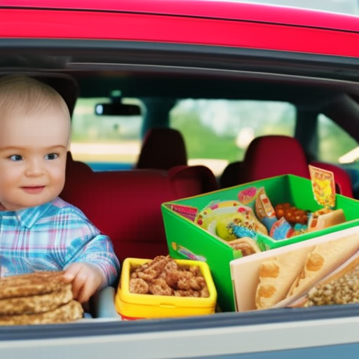 An image with vibrant colors showcasing a backseat filled with children's activities: a magnetic travel game board, a stack of coloring books, a plush toy tucked in a seatbelt, and a snack tray with neatly arranged healthy snacks