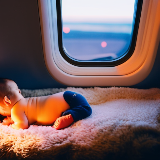 An image of a sleepy baby lying on a cozy airplane seat, surrounded by a serene cabin ambiance, as the warm glow of a sunrise peeks through the window, symbolizing the challenges of jet lag and time zone changes while traveling with infants