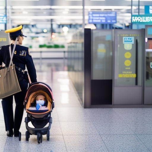 An image of a parent calmly holding a sleeping infant in one arm while confidently handing their bags and stroller to security personnel