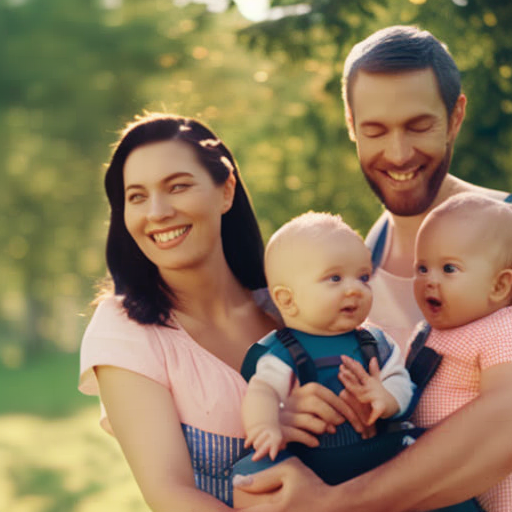 An image of a smiling family of three enjoying a scenic outdoor picnic, with a baby nestled comfortably in a secure baby carrier