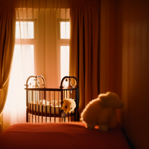 An image of a serene, softly lit hotel room with a plush crib draped in cozy blankets, surrounded by snuggly stuffed animals