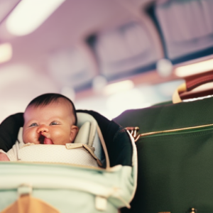An image showcasing a secure car seat with a smiling baby strapped in, surrounded by a sturdy diaper bag, a first aid kit, and a well-organized baby travel essentials bag