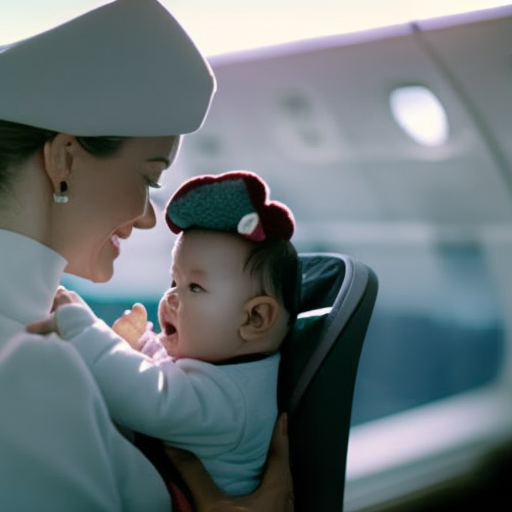 An image depicting a caring parent comforting their anxious infant on a well-equipped airplane