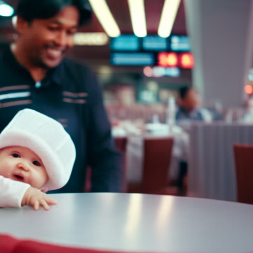An image of a parent gently wiping down a high chair in a bustling airport restaurant, ensuring a clean and sanitized spot for their baby