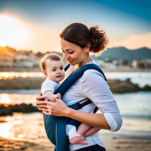 An image showcasing a serene beach setting, with a content baby nestled in a comfortable baby carrier against the backdrop of a sun-kissed horizon, surrounded by a variety of travel essentials